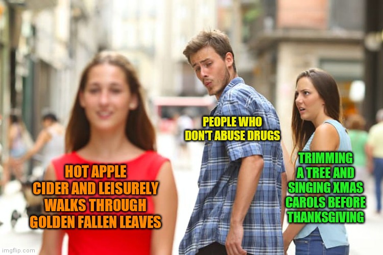 'Tis the season for enjoying the season | PEOPLE WHO DON'T ABUSE DRUGS; TRIMMING A TREE AND SINGING XMAS CAROLS BEFORE THANKSGIVING; HOT APPLE CIDER AND LEISURELY WALKS THROUGH GOLDEN FALLEN LEAVES | image tagged in memes,distracted boyfriend,thanksgiving,annoying people,holidays | made w/ Imgflip meme maker