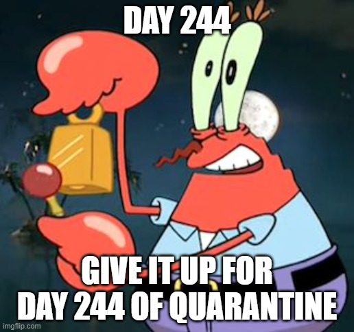 Mr Krabs Bell | DAY 244; GIVE IT UP FOR DAY 244 OF QUARANTINE | image tagged in mr krabs bell,memes | made w/ Imgflip meme maker
