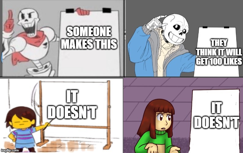 the plan | SOMEONE MAKES THIS; THEY THINK IT WILL GET 100 LIKES; IT DOESN'T; IT DOESN'T | image tagged in ultimate undertale plan | made w/ Imgflip meme maker
