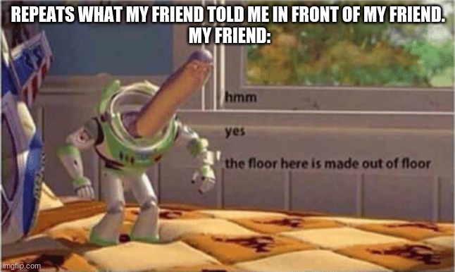 hmmm yes | REPEATS WHAT MY FRIEND TOLD ME IN FRONT OF MY FRIEND.
 MY FRIEND: | image tagged in hmm yes the floor here is made out of floor | made w/ Imgflip meme maker