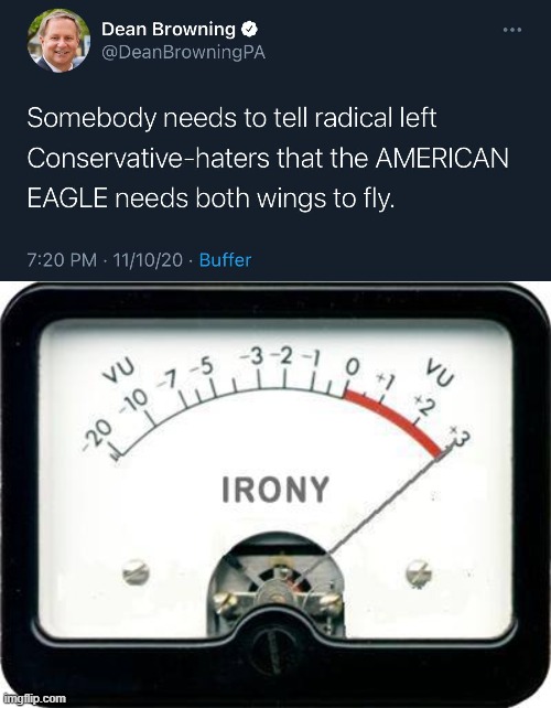 hmmm does this gentleman's tweet genuinely seek to build bridges or | image tagged in american eagle needs both wings to fly,irony meter,conservative logic,radical,conservative hypocrisy,hypocrisy | made w/ Imgflip meme maker