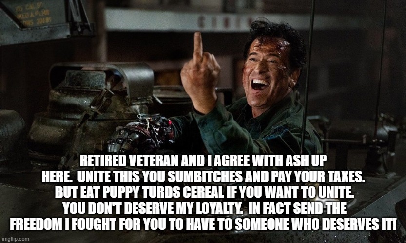 From a veteran.  How I really feel about you losers. | RETIRED VETERAN AND I AGREE WITH ASH UP HERE.  UNITE THIS YOU SUMBITCHES AND PAY YOUR TAXES.  BUT EAT PUPPY TURDS CEREAL IF YOU WANT TO UNITE.  YOU DON'T DESERVE MY LOYALTY.  IN FACT SEND THE FREEDOM I FOUGHT FOR YOU TO HAVE TO SOMEONE WHO DESERVES IT! | image tagged in ash williams vs evil dead | made w/ Imgflip meme maker
