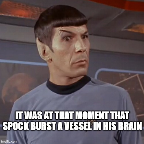 Vulcan Aneurysm | IT WAS AT THAT MOMENT THAT SPOCK BURST A VESSEL IN HIS BRAIN | image tagged in spock eyebrow | made w/ Imgflip meme maker
