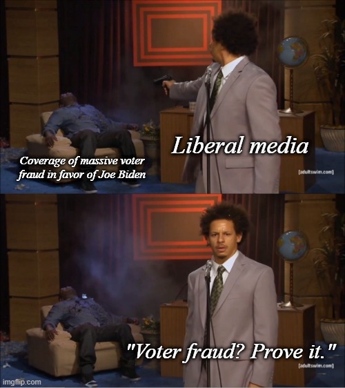 Who Killed Hannibal | Liberal media; Coverage of massive voter fraud in favor of Joe Biden; "Voter fraud? Prove it." | image tagged in memes,who killed hannibal | made w/ Imgflip meme maker