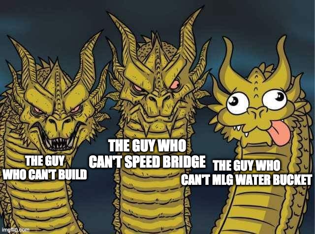 there is still respect for the first two but the last one is just sad | THE GUY WHO CAN'T BUILD; THE GUY WHO CAN'T SPEED BRIDGE; THE GUY WHO CAN'T MLG WATER BUCKET | image tagged in hydra | made w/ Imgflip meme maker