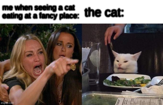 Woman Yelling At Cat Meme | me when seeing a cat eating at a fancy place:; the cat: | image tagged in memes,woman yelling at cat | made w/ Imgflip meme maker