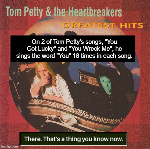 There. That's a thing you know now. | On 2 of Tom Petty's songs, "You Got Lucky" and "You Wreck Me", he sings the word "You" 18 times in each song. | image tagged in that's a thing you know now,memes,tom petty,you | made w/ Imgflip meme maker