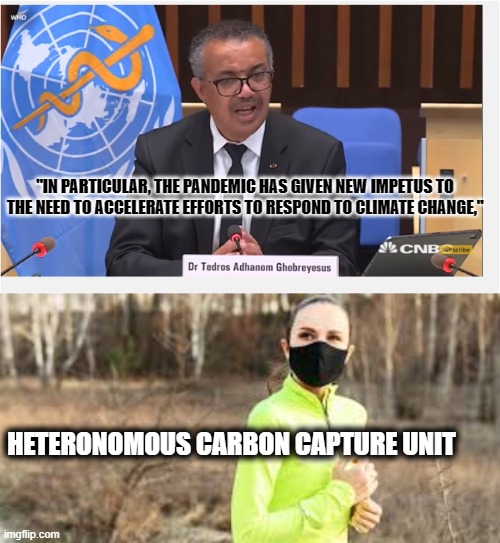 Carbon capture unit | "IN PARTICULAR, THE PANDEMIC HAS GIVEN NEW IMPETUS TO THE NEED TO ACCELERATE EFFORTS TO RESPOND TO CLIMATE CHANGE,"; HETERONOMOUS CARBON CAPTURE UNIT | image tagged in carbon footprint,carbon capture,heteronomous,coronavirus,covid-19 | made w/ Imgflip meme maker