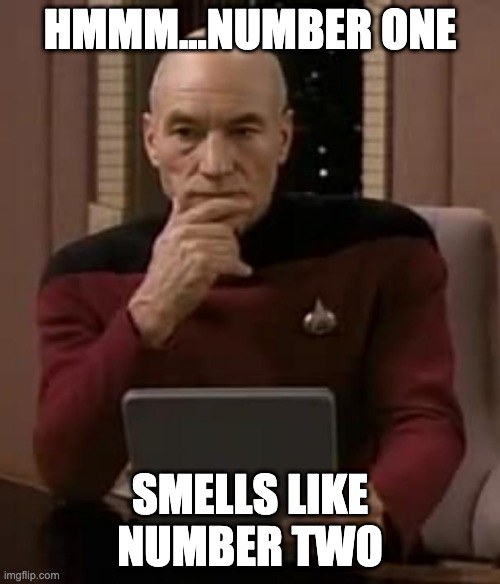 Picard questions | HMMM...NUMBER ONE; SMELLS LIKE NUMBER TWO | image tagged in picard thinking | made w/ Imgflip meme maker