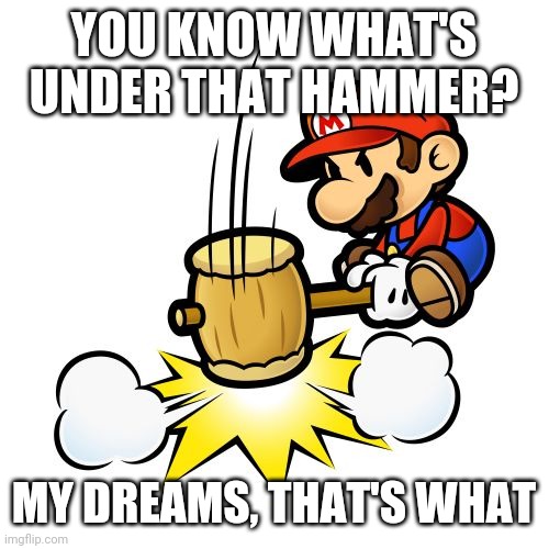 Mario Hammer Smash Meme | YOU KNOW WHAT'S UNDER THAT HAMMER? MY DREAMS, THAT'S WHAT | image tagged in memes,mario hammer smash | made w/ Imgflip meme maker