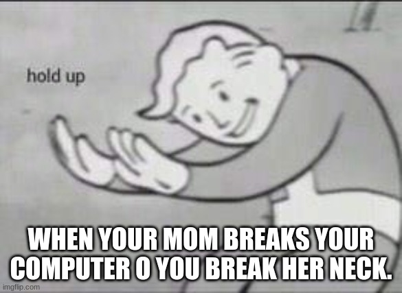 hold up | WHEN YOUR MOM BREAKS YOUR COMPUTER O YOU BREAK HER NECK. | image tagged in fallout hold up | made w/ Imgflip meme maker