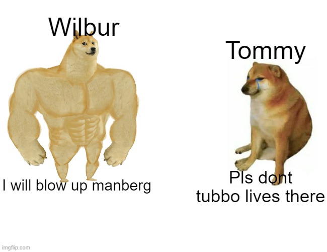 corrupted wilbur and tomathy | Wilbur; Tommy; I will blow up manberg; Pls dont tubbo lives there | image tagged in memes,buff doge vs cheems,mcyt,minecraft | made w/ Imgflip meme maker