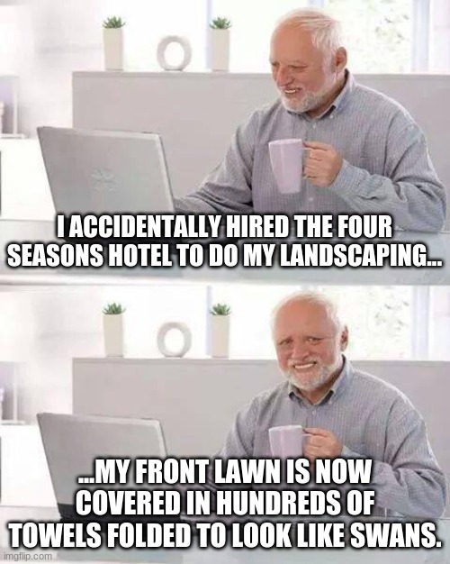 Four Seasons FAIL | I ACCIDENTALLY HIRED THE FOUR SEASONS HOTEL TO DO MY LANDSCAPING... ...MY FRONT LAWN IS NOW COVERED IN HUNDREDS OF TOWELS FOLDED TO LOOK LIKE SWANS. | image tagged in memes,hide the pain harold | made w/ Imgflip meme maker