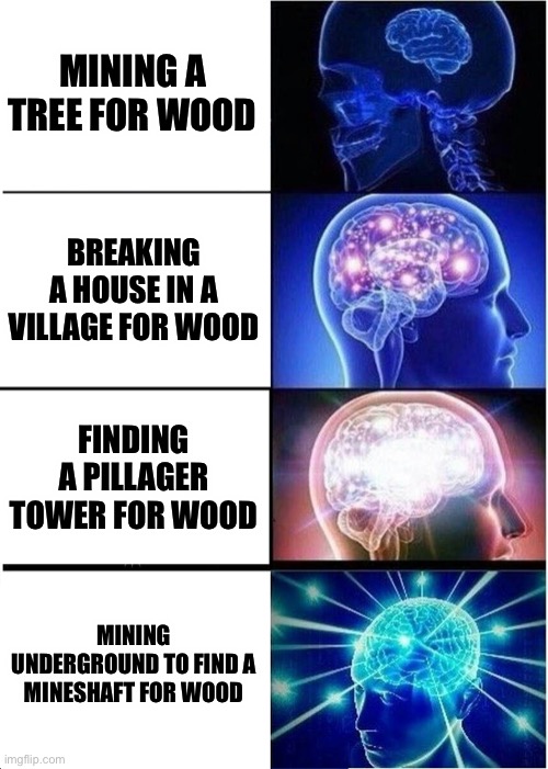 Wooooooooooooooood | MINING A TREE FOR WOOD; BREAKING A HOUSE IN A VILLAGE FOR WOOD; FINDING A PILLAGER TOWER FOR WOOD; MINING UNDERGROUND TO FIND A MINESHAFT FOR WOOD | image tagged in memes,expanding brain | made w/ Imgflip meme maker