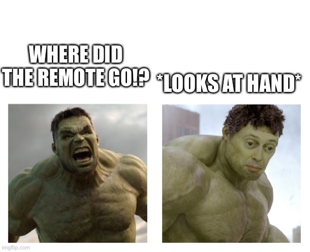 Hulk angry then realizes he's wrong | *LOOKS AT HAND*; WHERE DID THE REMOTE GO!? | image tagged in hulk angry then realizes he's wrong | made w/ Imgflip meme maker