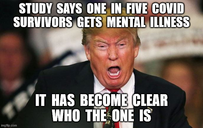 Mental  Illness | STUDY  SAYS  ONE  IN  FIVE  COVID
SURVIVORS  GETS  MENTAL  ILLNESS; IT  HAS  BECOME  CLEAR
WHO  THE  ONE  IS | image tagged in crazy trump,loser,2020 election,funny memes | made w/ Imgflip meme maker