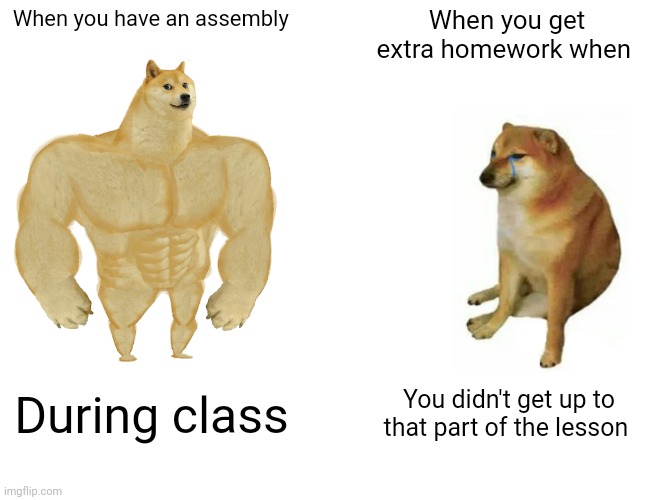 Buff Doge vs. Cheems | When you have an assembly; When you get extra homework when; During class; You didn't get up to that part of the lesson | image tagged in memes,buff doge vs cheems | made w/ Imgflip meme maker