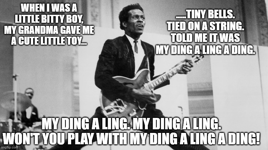 chuck berry | WHEN I WAS A LITTLE BITTY BOY, MY GRANDMA GAVE ME A CUTE LITTLE TOY... .....TINY BELLS. TIED ON A STRING. TOLD ME IT WAS MY DING A LING A DI | image tagged in chuck berry | made w/ Imgflip meme maker