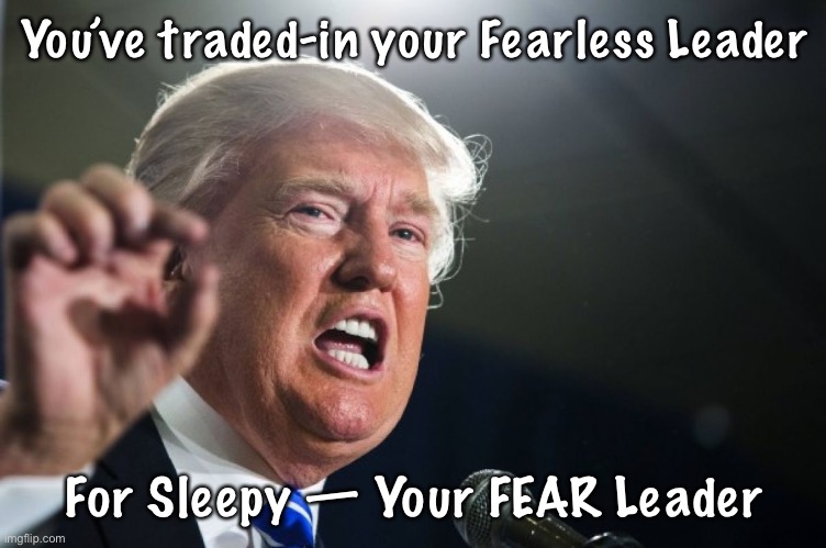 donald trump | You’ve traded-in your Fearless Leader; For Sleepy — Your FEAR Leader | image tagged in donald trump | made w/ Imgflip meme maker