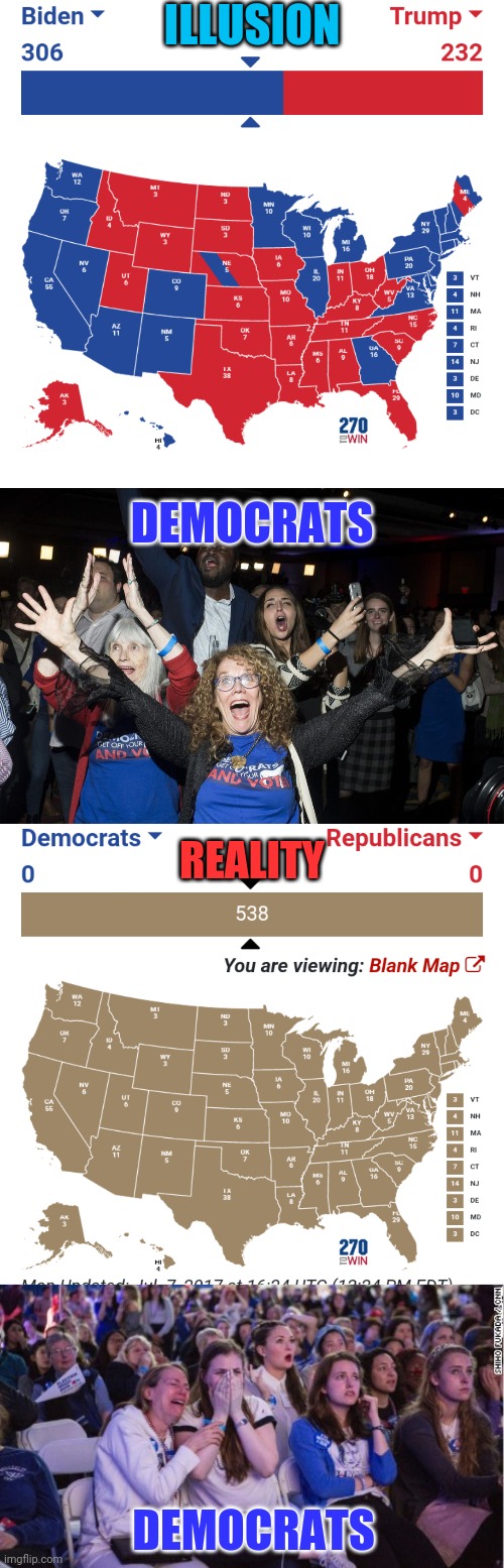 Leftist Delusions Vs Reality. Nothing Is Decided Yet... | ILLUSION; DEMOCRATS; REALITY; DEMOCRATS | image tagged in donald trump,democrats,joe biden,drstrangmeme | made w/ Imgflip meme maker