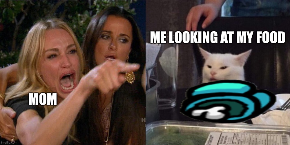 Woman yelling at cat | ME LOOKING AT MY FOOD; MOM | image tagged in woman yelling at cat | made w/ Imgflip meme maker