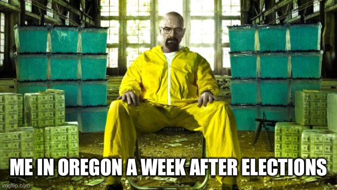 Business is good in Oregon | ME IN OREGON A WEEK AFTER ELECTIONS | image tagged in breaking bad,oregon | made w/ Imgflip meme maker