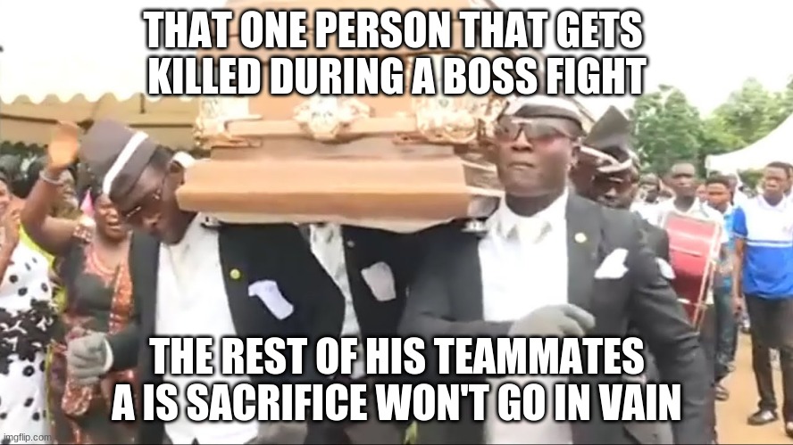 that one dud | THAT ONE PERSON THAT GETS 
KILLED DURING A BOSS FIGHT; THE REST OF HIS TEAMMATES A IS SACRIFICE WON'T GO IN VAIN | image tagged in coffin dance | made w/ Imgflip meme maker