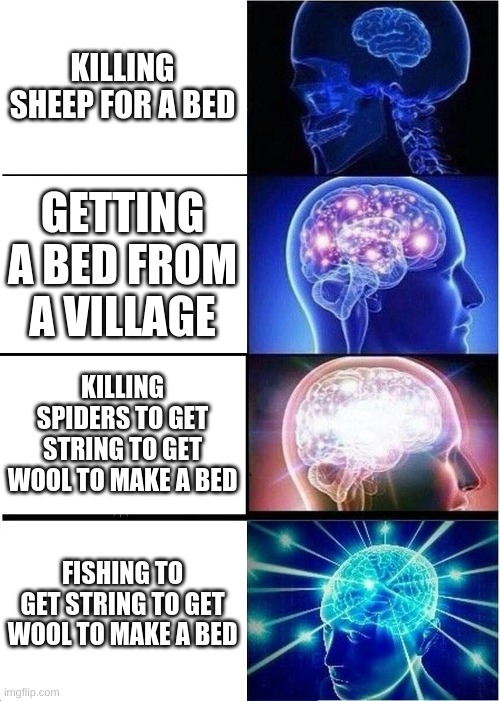 Expanding Brain | KILLING SHEEP FOR A BED; GETTING A BED FROM A VILLAGE; KILLING SPIDERS TO GET STRING TO GET WOOL TO MAKE A BED; FISHING TO GET STRING TO GET WOOL TO MAKE A BED | image tagged in memes,expanding brain | made w/ Imgflip meme maker