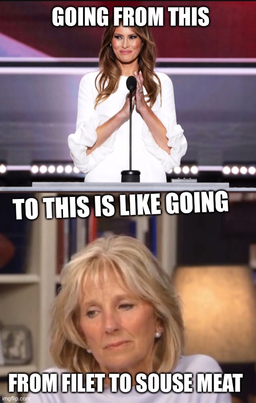 GOING FROM THIS; TO THIS IS LIKE GOING; FROM FILET TO SOUSE MEAT | image tagged in melania trump meme,jill biden meme | made w/ Imgflip meme maker
