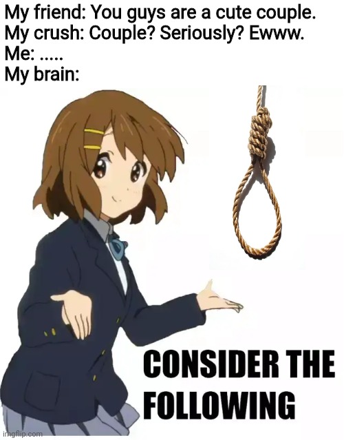 Consider the following | My friend: You guys are a cute couple.
My crush: Couple? Seriously? Ewww.
Me: .....
My brain: | image tagged in consider the following,noose,memes,girlfriend,friends,brain | made w/ Imgflip meme maker