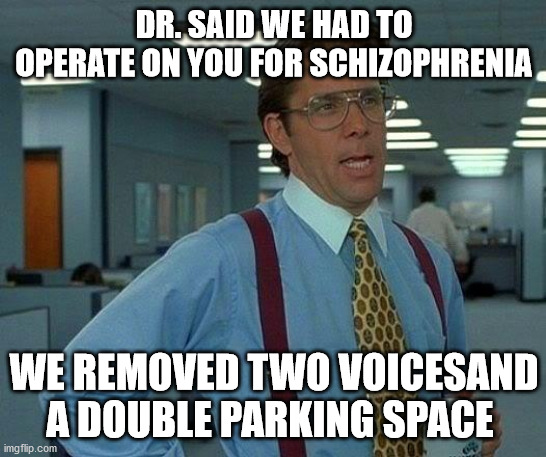 That Would Be Great | DR. SAID WE HAD TO OPERATE ON YOU FOR SCHIZOPHRENIA; WE REMOVED TWO VOICESAND A DOUBLE PARKING SPACE | image tagged in memes,that would be great | made w/ Imgflip meme maker