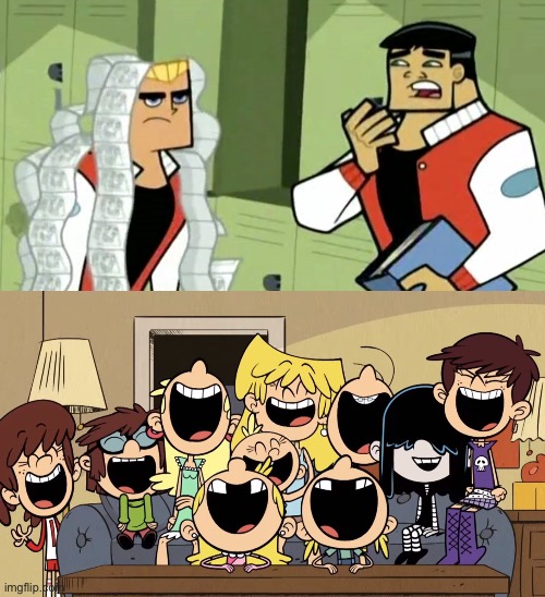 The Loud sisters laugh at Dash Baxter who’s covered in toilet paper | image tagged in danny phantom,the loud house,nickelodeon,toilet paper,laugh,cartoons | made w/ Imgflip meme maker
