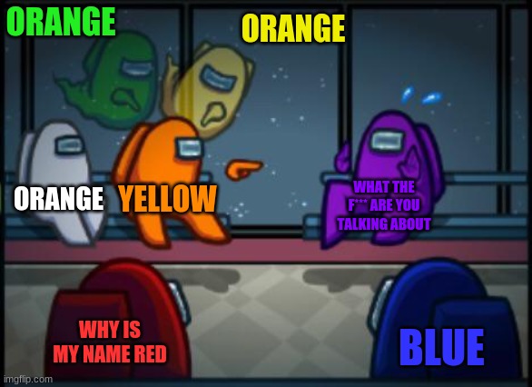 Among us blame | ORANGE; ORANGE; ORANGE; YELLOW; WHAT THE F*** ARE YOU TALKING ABOUT; WHY IS MY NAME RED; BLUE | image tagged in among us blame | made w/ Imgflip meme maker