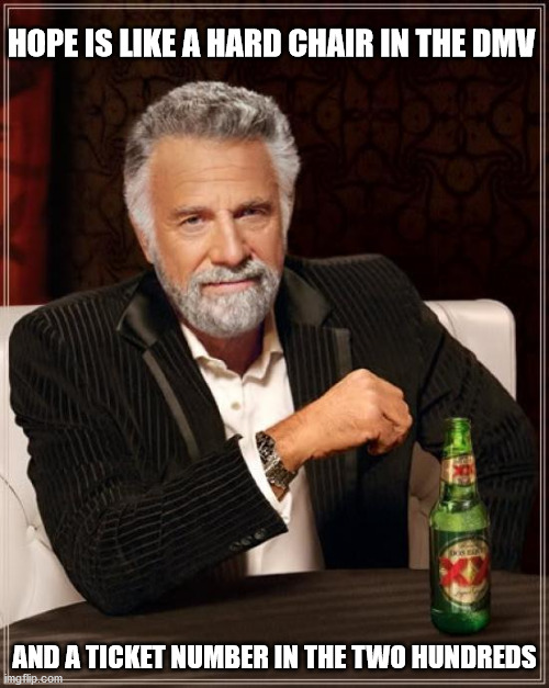 The Most Interesting Man In The World | HOPE IS LIKE A HARD CHAIR IN THE DMV; AND A TICKET NUMBER IN THE TWO HUNDREDS | image tagged in memes,the most interesting man in the world | made w/ Imgflip meme maker