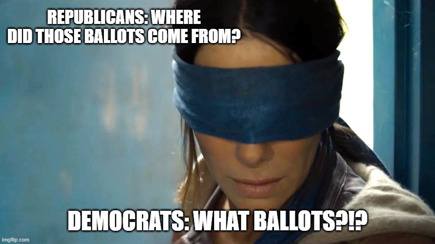 Box of Ballots | REPUBLICANS: WHERE DID THOSE BALLOTS COME FROM? DEMOCRATS: WHAT BALLOTS?!? | image tagged in voting,donald trump,joe biden,fraud,voter fraud,voters | made w/ Imgflip meme maker