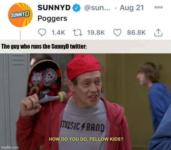 The guy who runs the SunnyD twitter: | image tagged in how do you do fellow kids | made w/ Imgflip meme maker