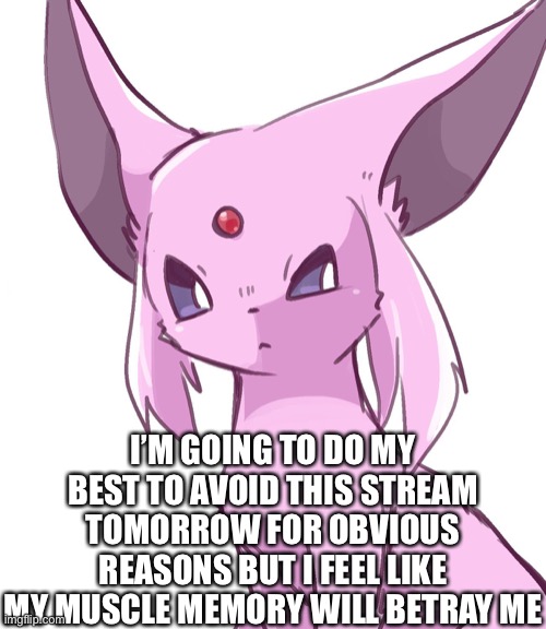 I’m probably going to change my name to something Espeon related later | I’M GOING TO DO MY BEST TO AVOID THIS STREAM TOMORROW FOR OBVIOUS REASONS BUT I FEEL LIKE MY MUSCLE MEMORY WILL BETRAY ME | made w/ Imgflip meme maker