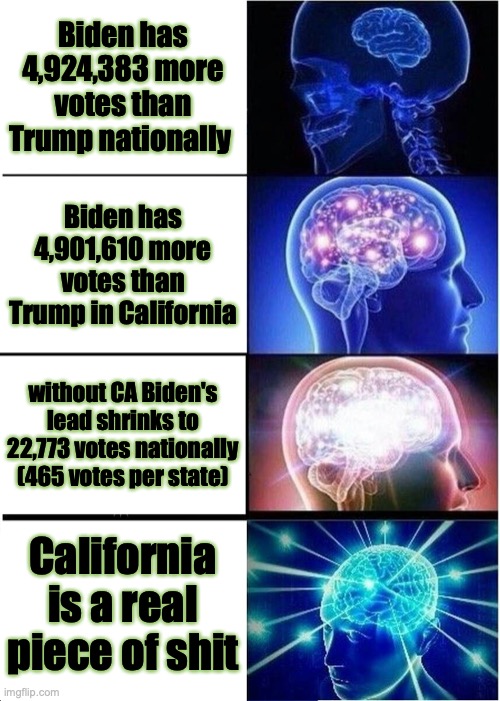 Expanding Brain Meme | Biden has 4,924,383 more votes than Trump nationally; Biden has 4,901,610 more votes than Trump in California; without CA Biden's lead shrinks to 22,773 votes nationally (465 votes per state); California is a real piece of shit | image tagged in memes,expanding brain | made w/ Imgflip meme maker