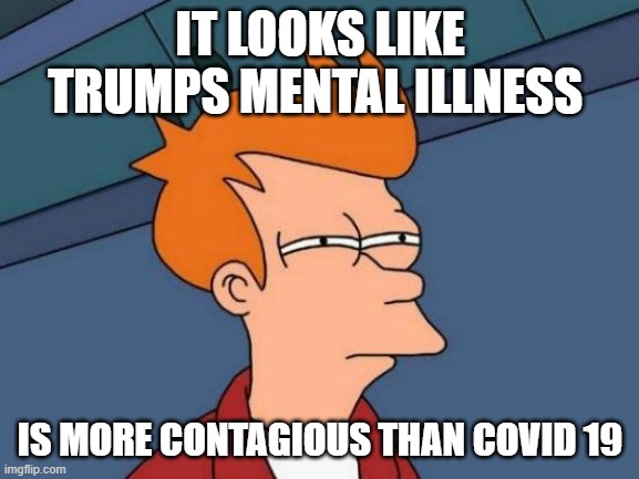 Futurama Fry | IT LOOKS LIKE TRUMPS MENTAL ILLNESS; IS MORE CONTAGIOUS THAN COVID 19 | image tagged in memes,futurama fry | made w/ Imgflip meme maker