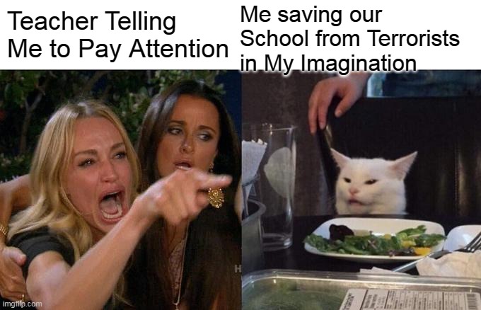 everytime | Me saving our School from Terrorists in My Imagination; Teacher Telling Me to Pay Attention | image tagged in memes,woman yelling at cat | made w/ Imgflip meme maker