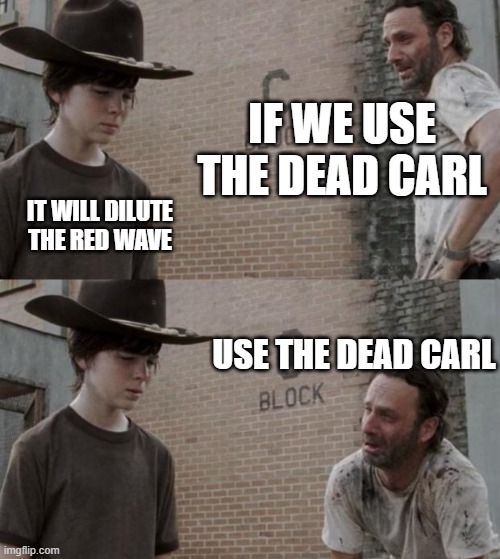 Rick and Carl | IF WE USE THE DEAD CARL; IT WILL DILUTE THE RED WAVE; USE THE DEAD CARL | image tagged in memes,rick and carl,dead voters,election 2020 | made w/ Imgflip meme maker