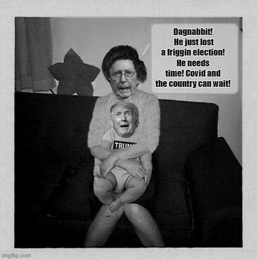 Mother Mitch | Dagnabbit!  He just lost a friggin election! He needs time! Covid and the country can wait! | image tagged in mitch mcconnell,misunderstood mitch,donald trump,trump is a moron,donald trump is an idiot | made w/ Imgflip meme maker