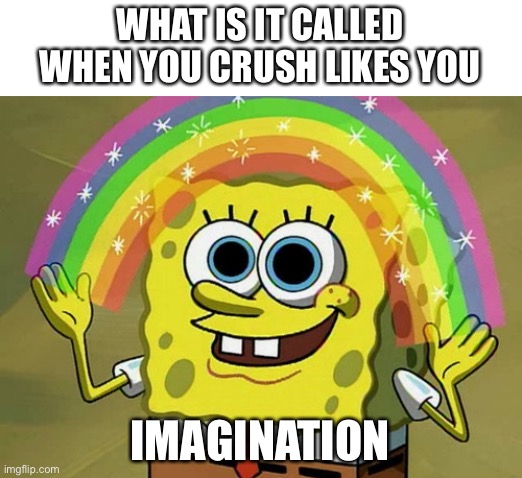 TRUE DAT | WHAT IS IT CALLED WHEN YOU CRUSH LIKES YOU; IMAGINATION | image tagged in memes,imagination spongebob | made w/ Imgflip meme maker