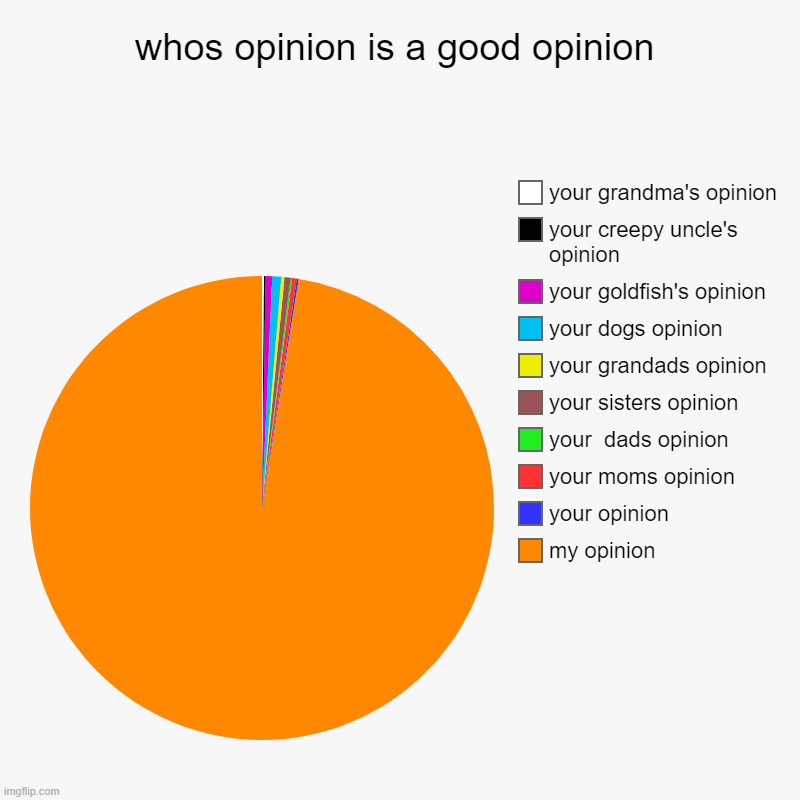 its not a opinion its a fact | whos opinion is a good opinion | my opinion, your opinion, your moms opinion, your  dads opinion, your sisters opinion, your grandads opinio | image tagged in charts,pie charts | made w/ Imgflip chart maker