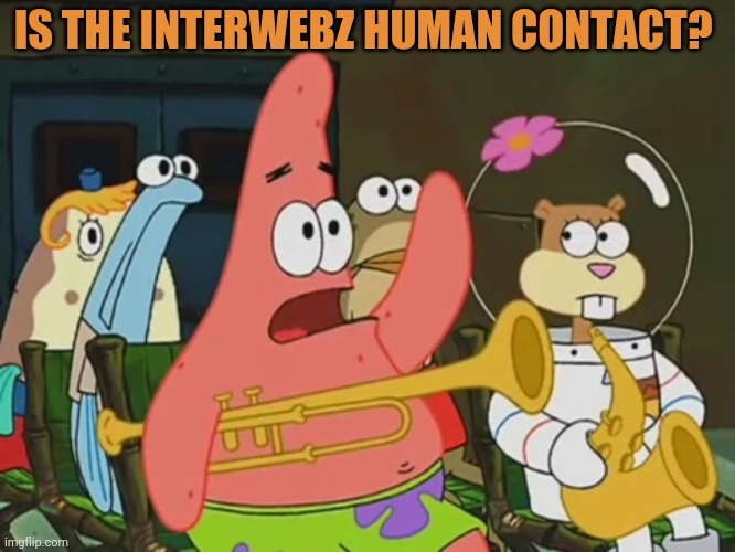 Patrick is lonely | IS THE INTERWEBZ HUMAN CONTACT? | image tagged in is mayonnaise an instrument,the internet,human,contact,patrick star | made w/ Imgflip meme maker
