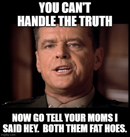 You Can't Handle the TRUTH | YOU CAN'T HANDLE THE TRUTH NOW GO TELL YOUR MOMS I SAID HEY.  BOTH THEM FAT HOES. | image tagged in you can't handle the truth | made w/ Imgflip meme maker