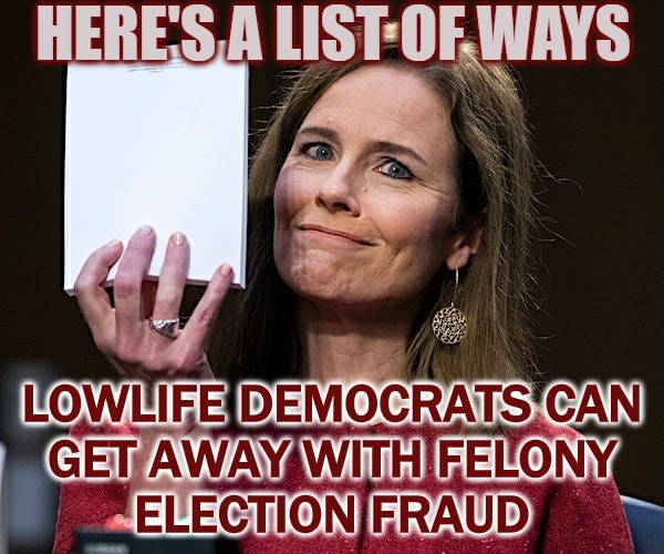 Let Me Count The Ways | HERE'S A LIST OF WAYS; LOWLIFE DEMOCRATS CAN
GET AWAY WITH FELONY
ELECTION FRAUD | image tagged in amy coney barrett blank notes,crying democrats,democratic socialism,democrats | made w/ Imgflip meme maker