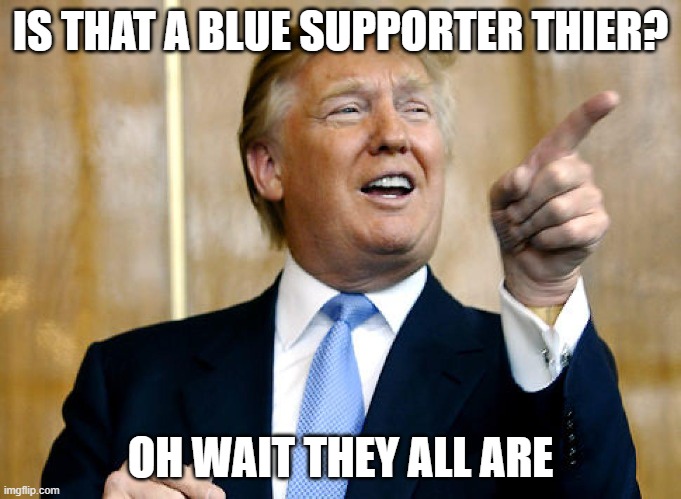 Donald Trump Pointing | IS THAT A BLUE SUPPORTER THIER? OH WAIT THEY ALL ARE | image tagged in donald trump pointing | made w/ Imgflip meme maker