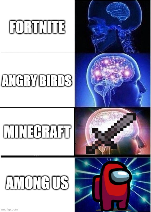 Expanding Brain | FORTNITE; ANGRY BIRDS; MINECRAFT; AMONG US | image tagged in memes,expanding brain | made w/ Imgflip meme maker