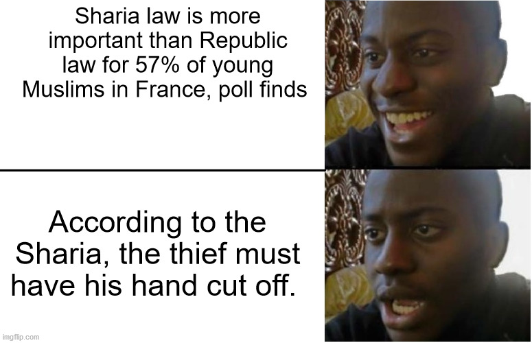 To have or to have not | Sharia law is more important than Republic law for 57% of young Muslims in France, poll finds; According to the Sharia, the thief must have his hand cut off. | image tagged in disappointed black guy,sharia law,islam,france,polls | made w/ Imgflip meme maker